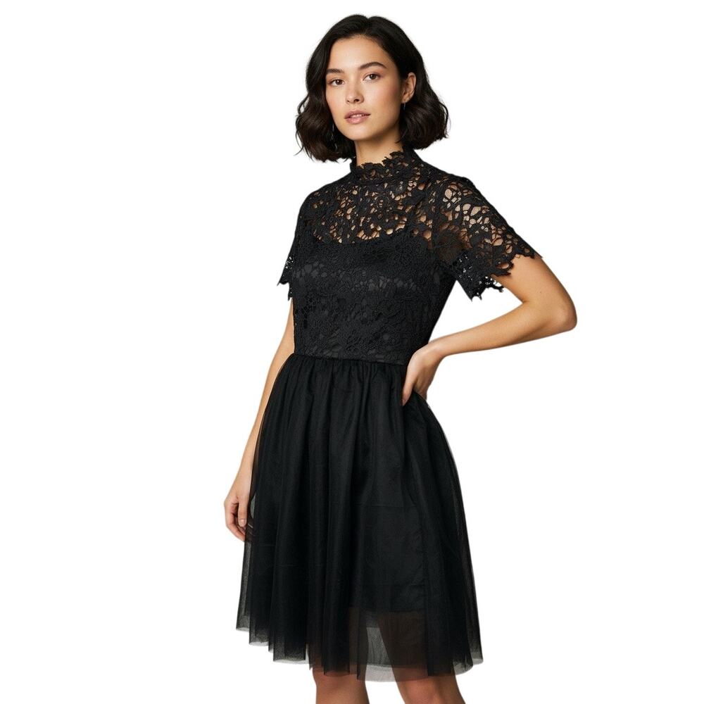 SHEIN Black Lace Mock Neck Fit & Flare Dress - Elegant Cocktail Midi size M
